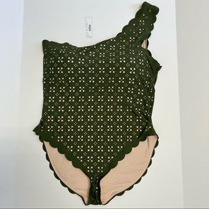 J. Crew Scalloped One Shoulder Swimsuit Laser Cut Eyelet Green Size 20 One Piece